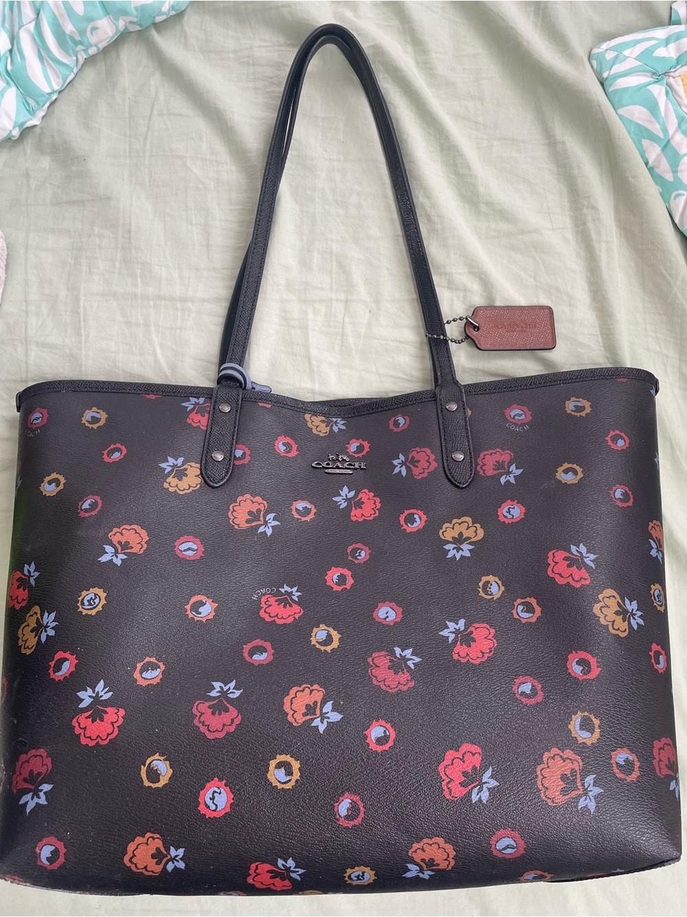 Coach irreversible Black Floral Print Leather Tote with Red and Tan Blooms